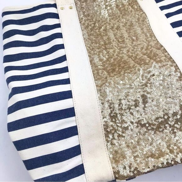 Deux Lux X Everything But Water Navy Blue Gold Sequin Nautical Canvas Tote Bag - Picture 8 of 16